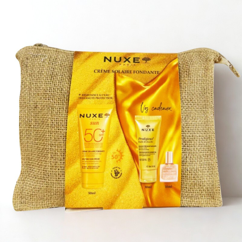 NUXE TROUSSE SUN CREME FONDANTE SPF50+ 50ML+PRODIGIEUX HUILE DE DOUCHE 30ML (OFFERT)+HUILE PRODIGIEUSE OR FLORALE 10ML (OFFERT)